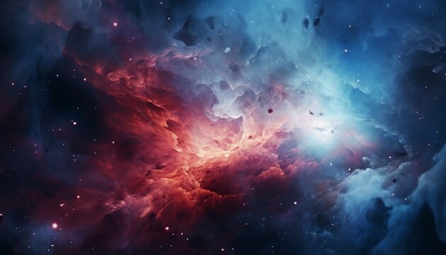 Vibrant cosmic clouds in space with stars, depicting a nebula or galaxy in deep blue and red hues.