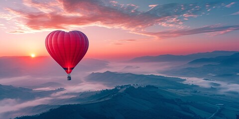 Gorgeous crimson hot air balloon heart in a serene dawn sky, with misty peaks in the distance. Valentine's Day adventure with a sporty and leisurely vibe. - obrazy, fototapety, plakaty
