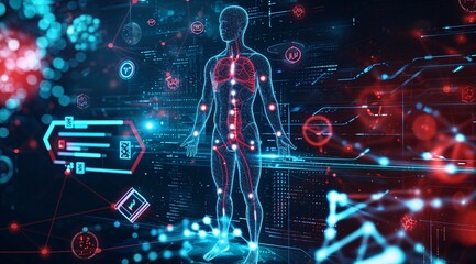 3D Anatomical Model of Human Body with Blue and Red Lights Generative AI - obrazy, fototapety, plakaty