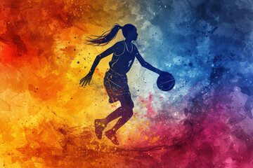 Basketball player in action, woman colorful watercolor with copy space
