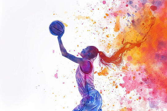 Basketball player in action, woman colorful watercolor with copy space