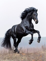 A solitary Black Stallion standing tall against a white backdrop.