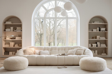 A luxurious modern living room in a villa, featuring a tufted curved sofa against an arched window, complemented by fluffy fur pendant lamps.