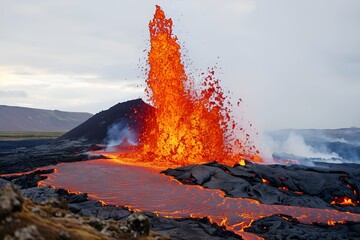 An erupting volcano with lava spewing out and flowing downhill.