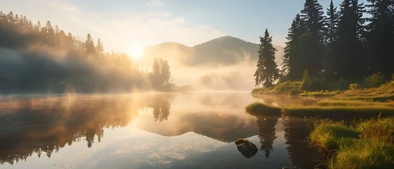 Tragetasche Misty morning scene over a lake. Foggy summer sunrise. The Beauty of Nature concept background. © Rando