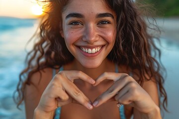 Close-up photo of happy lady in swimsuit at the beach forming a heart with her hands - Beautifully gleeful Latina woman posing for camera outdoors - obrazy, fototapety, plakaty