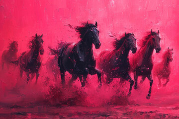 Pferde galoppieren, rosa Himmel - obrazy, fototapety, plakaty