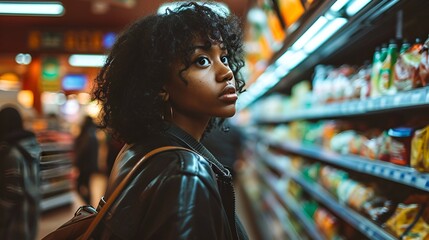 Fototapeta premium A black woman shopping for groceries in the supermarket.