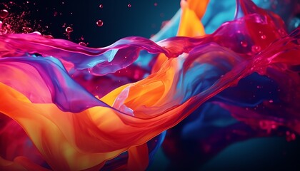 Vibrant abstract swirl of colors resembling silk fabric, with a dynamic and fluid motion, on a dark background.