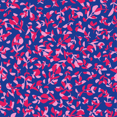 Random placed, pink leaves and herbs seamless repeat pattern. Vector botanical elements aop all over print on blue background.