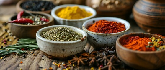 Various types of seasonings and herbs on a wooden table. - Powered by Adobe