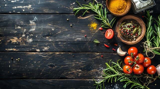 Cooking background, on a black wooden background. Top view. Free space for your text.