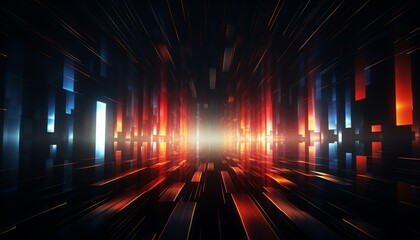 Futuristic corridor with glowing neon lights and reflections, abstract sci-fi interior design.