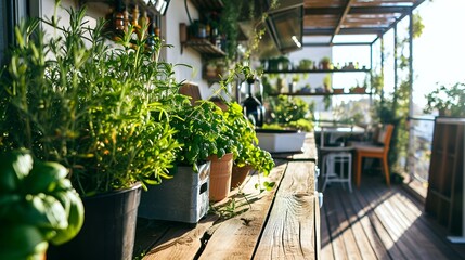 Growing culinary herbs on a patio next to a sunny kitchen.