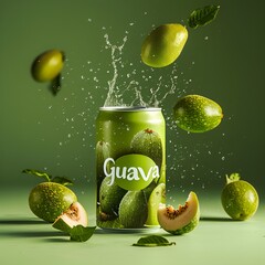
Minimalistic advertisement photo of a Juice can of Guava flavour with the name "Guava". The