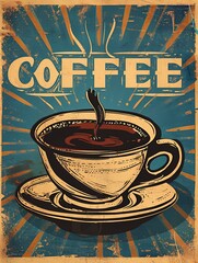 A vintage poster of a cup of coffee and the word "Coffee" above the cup.