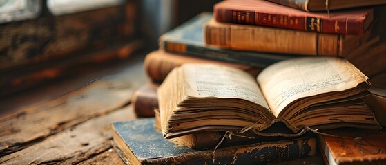 A worn-out old open book sitting on an old rotten table with other old books in the background.