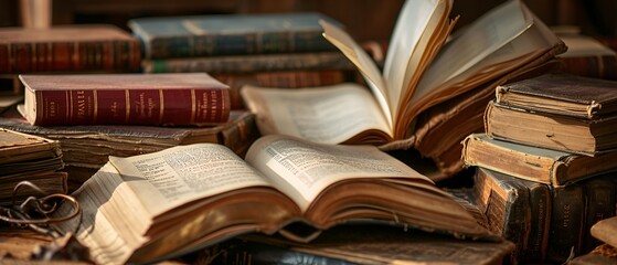 Obraz premium Worn-out old open books sitting on an old rotten table with other old books in the background.