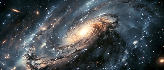A view from space to a spiral galaxy and stars. The universe is filled with stars, nebula and galaxy.