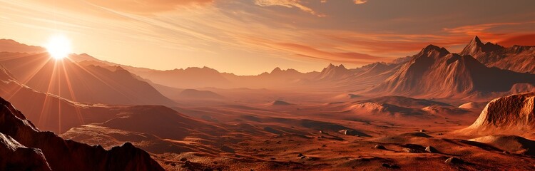 Naklejka premium Wide panorama of Mars, the red planet, landscape with mountains during sunrise or sunset.