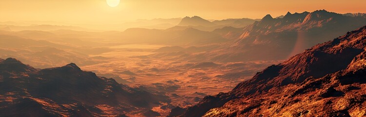 Naklejka premium Wide panorama of Mars, the red planet, landscape with mountains during sunrise or sunset.