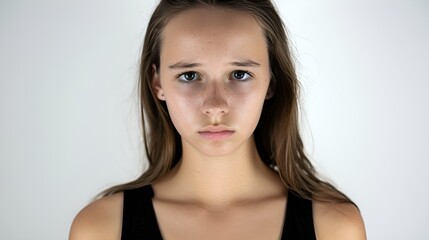 Naklejka premium Waist-up portrait of a young woman upset on a white background looking into the camera.