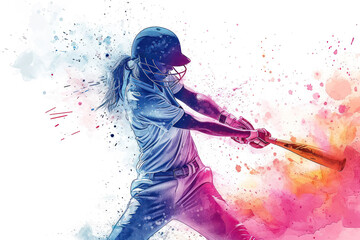 Cricket player in action, woman colorful watercolor with copy space