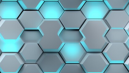 Abstract hexagonal background with blue neon lighting, futuristic honeycomb design, 3D illustration.