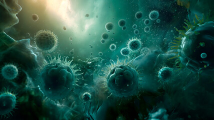 Ilustración de virus, bacterias y células vistas a través de un microscopio - obrazy, fototapety, plakaty