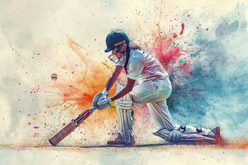 Cricket player in action, woman colorful watercolor with copy space