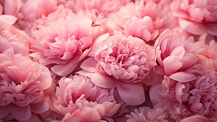 Delicate array of pink peonies in full bloom, with soft petals gently falling in a bright, airy space