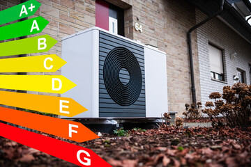 Wärmepumpe an einem Einfamilienhaus, Grafik mit Energieeffizienzklassen für Gebäude nach dem...