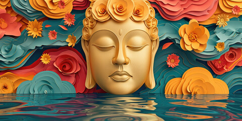 golden Buddha face colorful paper cut clouds and flowers, nature background