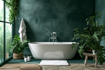 Modern stylish bathroom with white toilet bathtub and dark green walls in a minimalist style at simple apartment of hotel room or spa center. Interior design concept - obrazy, fototapety, plakaty