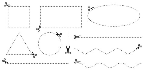 Cut here. Cut dash line. Set of scissors with cut line. Vector cutting scissors isolated on white background. Scissors cutting rectangle, round, square,triangle shape with dashed line.
