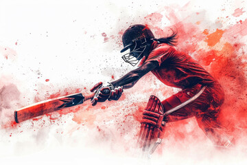 Cricket player in action, woman red watercolor with copy space