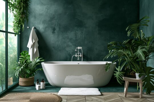 Fototapeta Modern stylish bathroom with white toilet bathtub and dark green walls in a minimalist style at simple apartment of hotel room or spa center. Interior design concept