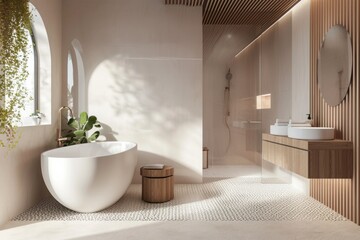 Modern stylish bathroom with white toilet bathtub and beige walls in a minimalist style at simple apartment of hotel room or spa center. Interior design concept