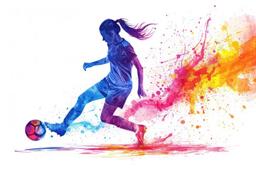 Soccer player in action, woman colorful watercolor with copy space