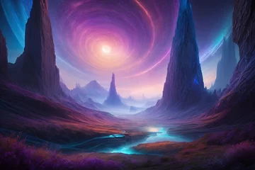 Poster Serene Purple and Blue Landscape Painting. Generative AI. © theartofphoto