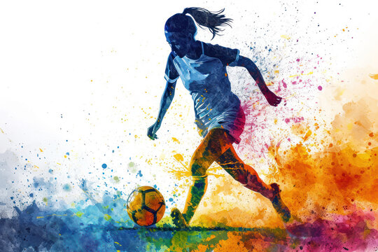 Soccer player in action, woman colorful watercolor with copy space
