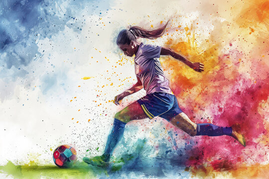 Soccer player in action, woman colorful watercolor with copy space