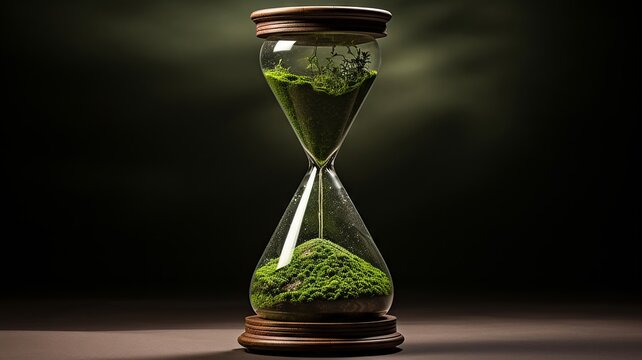 Serene hourglass filled with a lush green forest scene, grains of sand as a flowing river, on a dark wooden base