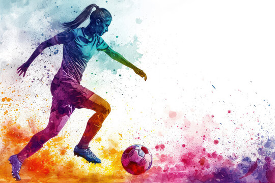 Soccer player in action, woman colorful watercolor with copy space