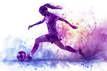 Soccer player in action, woman purple watercolor with copy space - obrazy, fototapety, plakaty