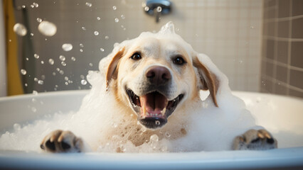 Smiling Labrador Retriever takes a bath in the bathroom