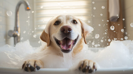 Smiling Labrador Retriever takes a bath in the bathroom
