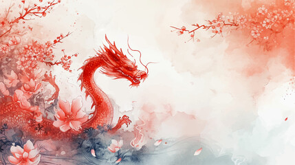  Chinese New Year dragon watercolor background. - obrazy, fototapety, plakaty