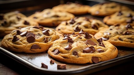 Naklejka premium An appetizing scene of cookies with melting chocolate chips, a warm color scheme emphasizing the baked texture