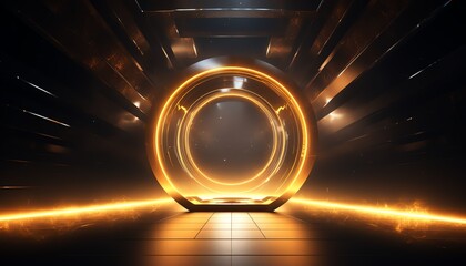 Futuristic circular glowing portal in a dark corridor with reflective floor and dynamic lighting effects. - obrazy, fototapety, plakaty